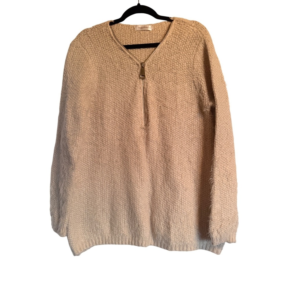 Neutral Feminine Simply Couture Beige Eyelash‎ Popcorn Knit Quarter Zip Sweater